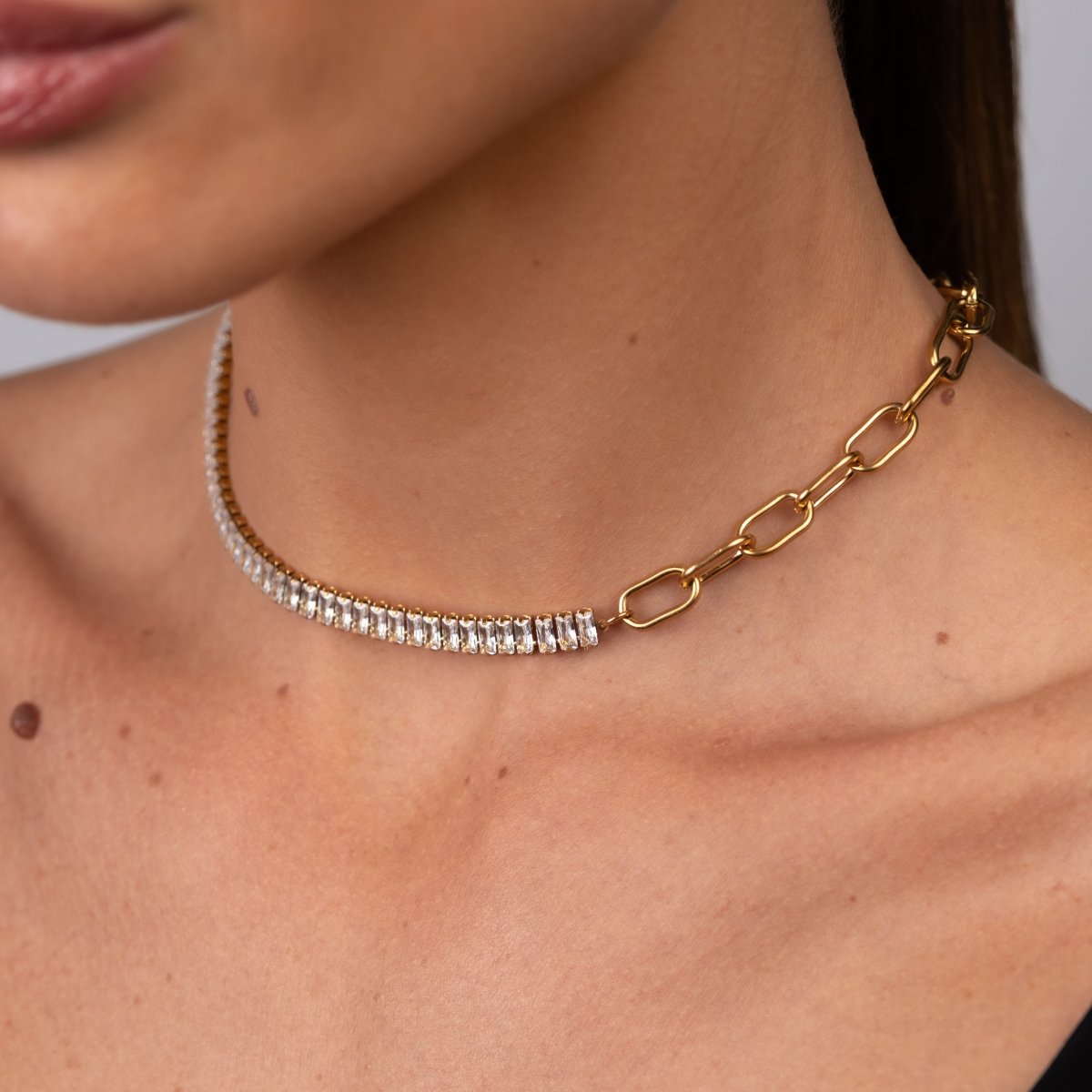 Colar Gargantilha Riviera Baguete Banhado em Ouro 18k