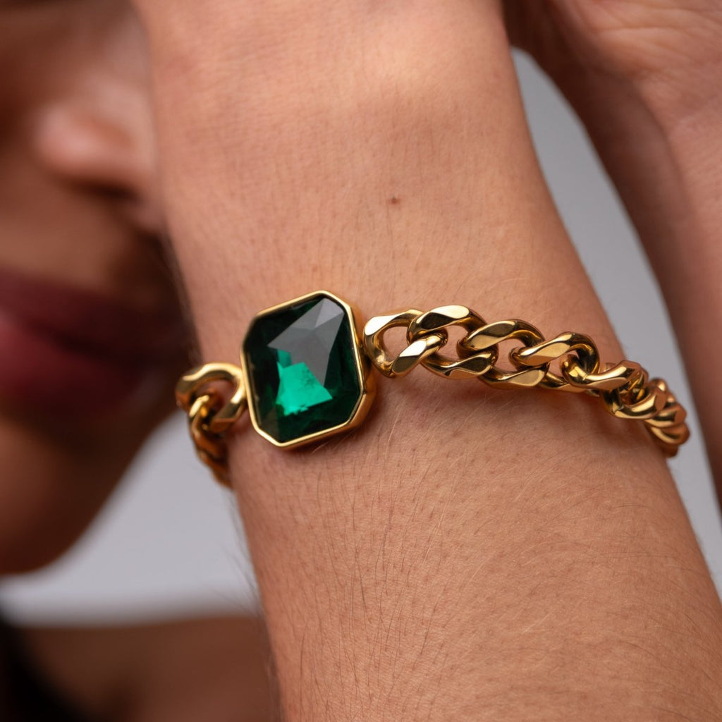 Pulseira Rich Pedra Verde Esmeralda Banho Ouro 18k