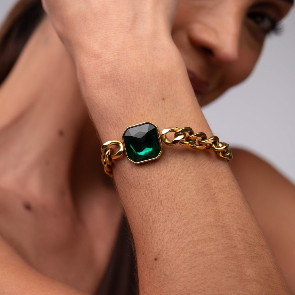 Pulseira Rich Pedra Verde Esmeralda Banho Ouro 18k